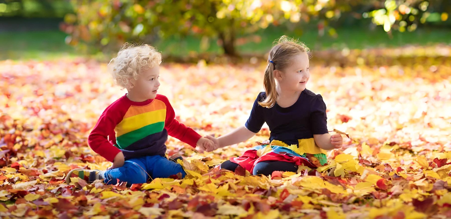 Kinder spielen im Herbstlaub in einer Kita in MV