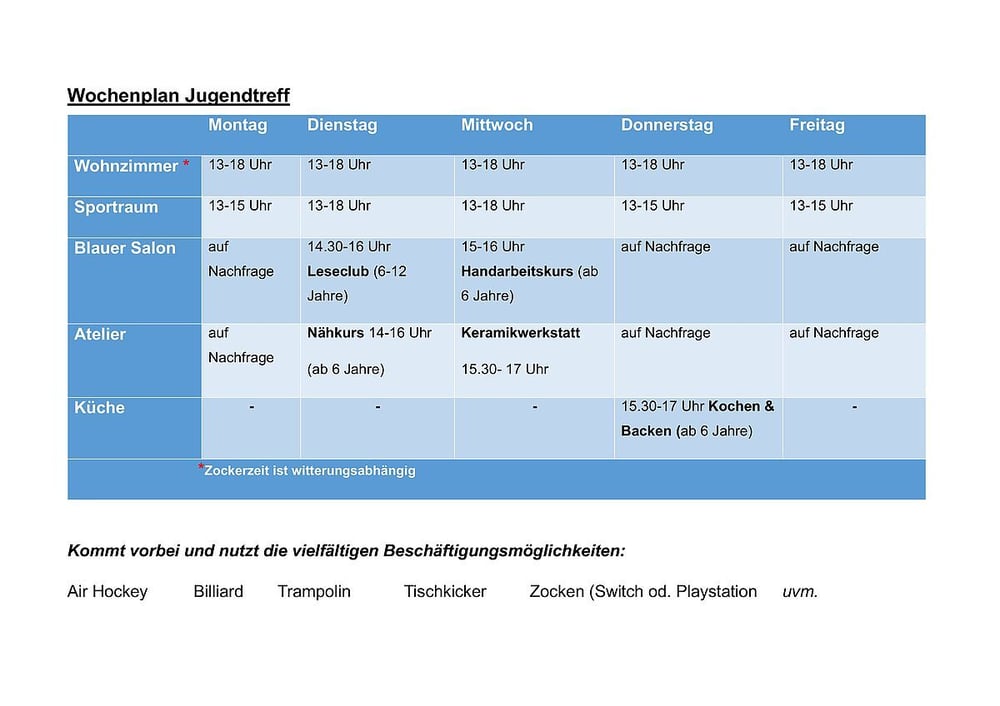 Wochenplan Jugendtreff SBZ Maxim