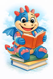 Fröhliches DrachenMaskottchen mit Buch Symbol für Kreativitätspädagogik in Kitas in MV